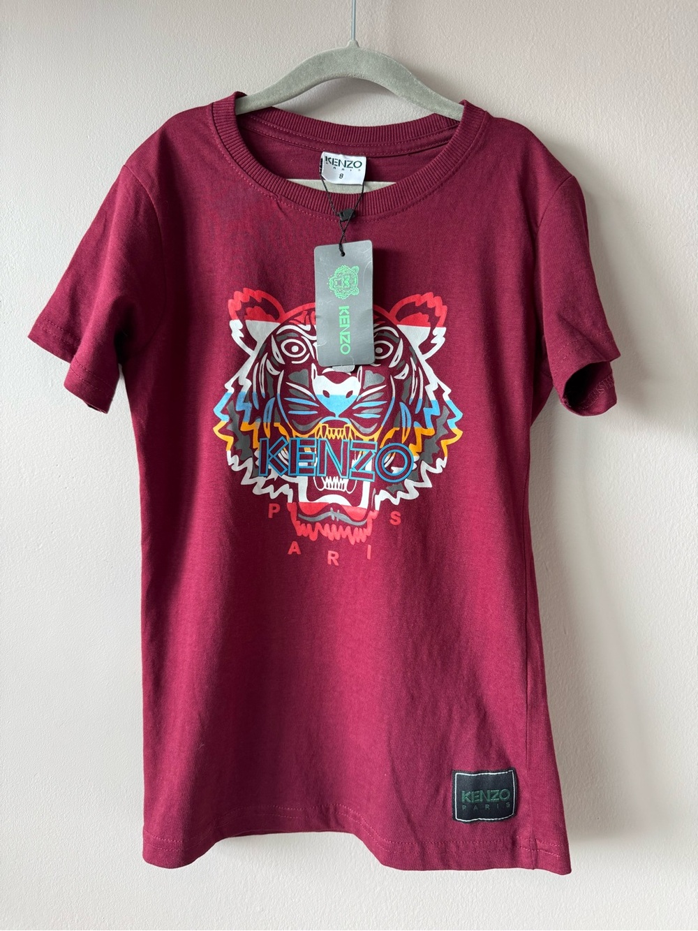 Kenzo Paris NWT Signature Tiger Head Graphic Burgundy T-Shirt Size 8 Years